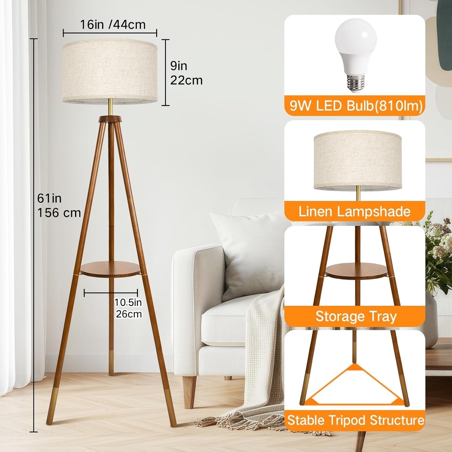 Dimmable Wooden Tripod Floor Lamp with Remote & Storage Shelf