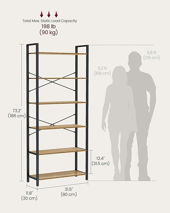 6 Tier Industrial Bookshelf Tall Shelving Unit Storage Rack 30×80×186cm Modern