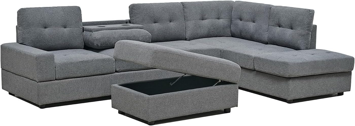 Modern Grey L-Shape Corner Sofa with Ottoman & Cup Holders, Space-Saving
