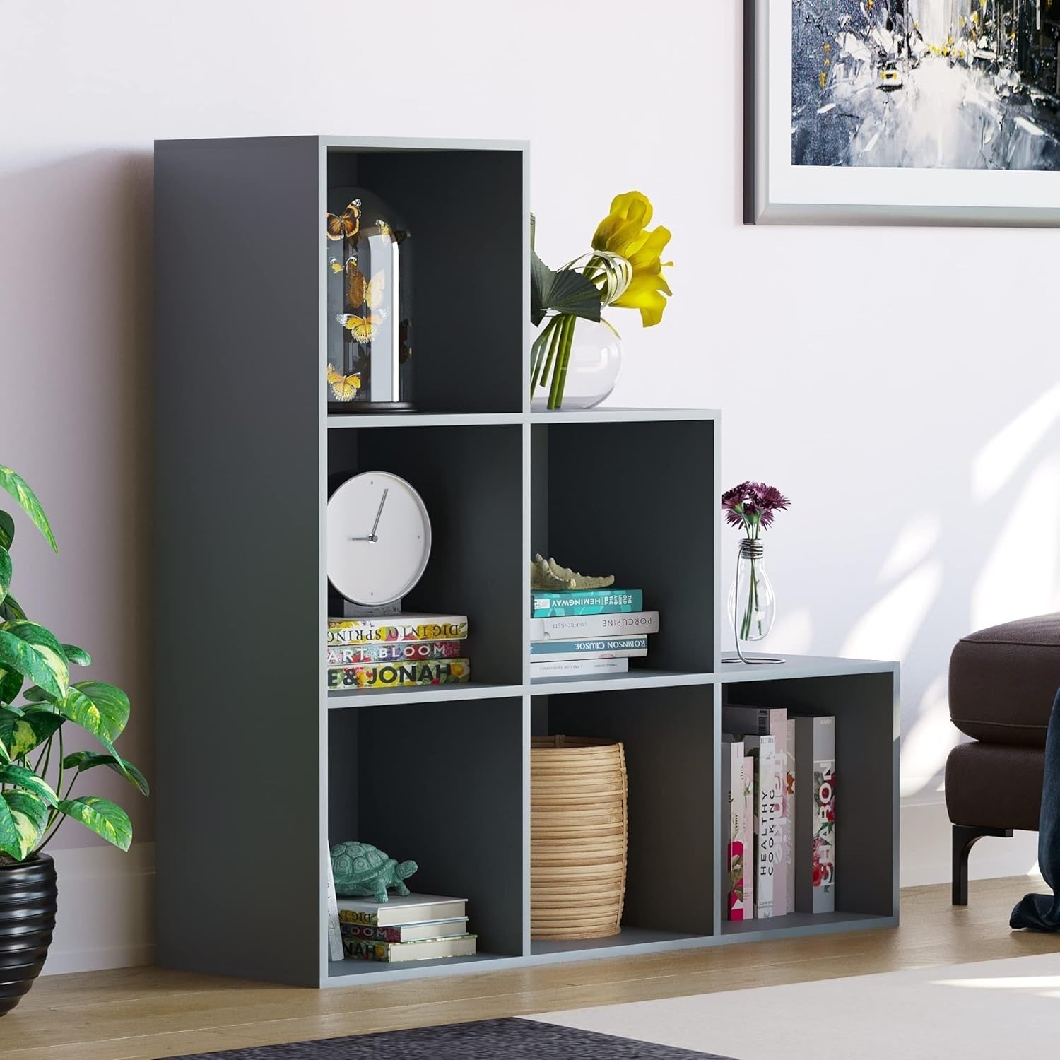 Grey 6 Cube Staircase Bookcase with 3 Fabric Baskets – Modern Storage Unit