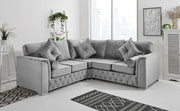 Silver Plush Velvet 5-Seater Corner Sofa – Fullback & Button Detail