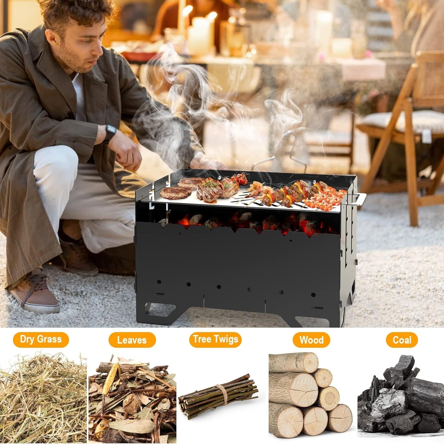 Portable Foldable Charcoal BBQ Grill with Skewers Set – Outdoor Camping Picnic
