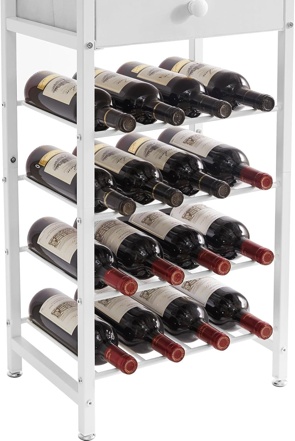 Freestanding Wine Rack Bar Cabinet White 4 Tier with Drawer & Glass Holder