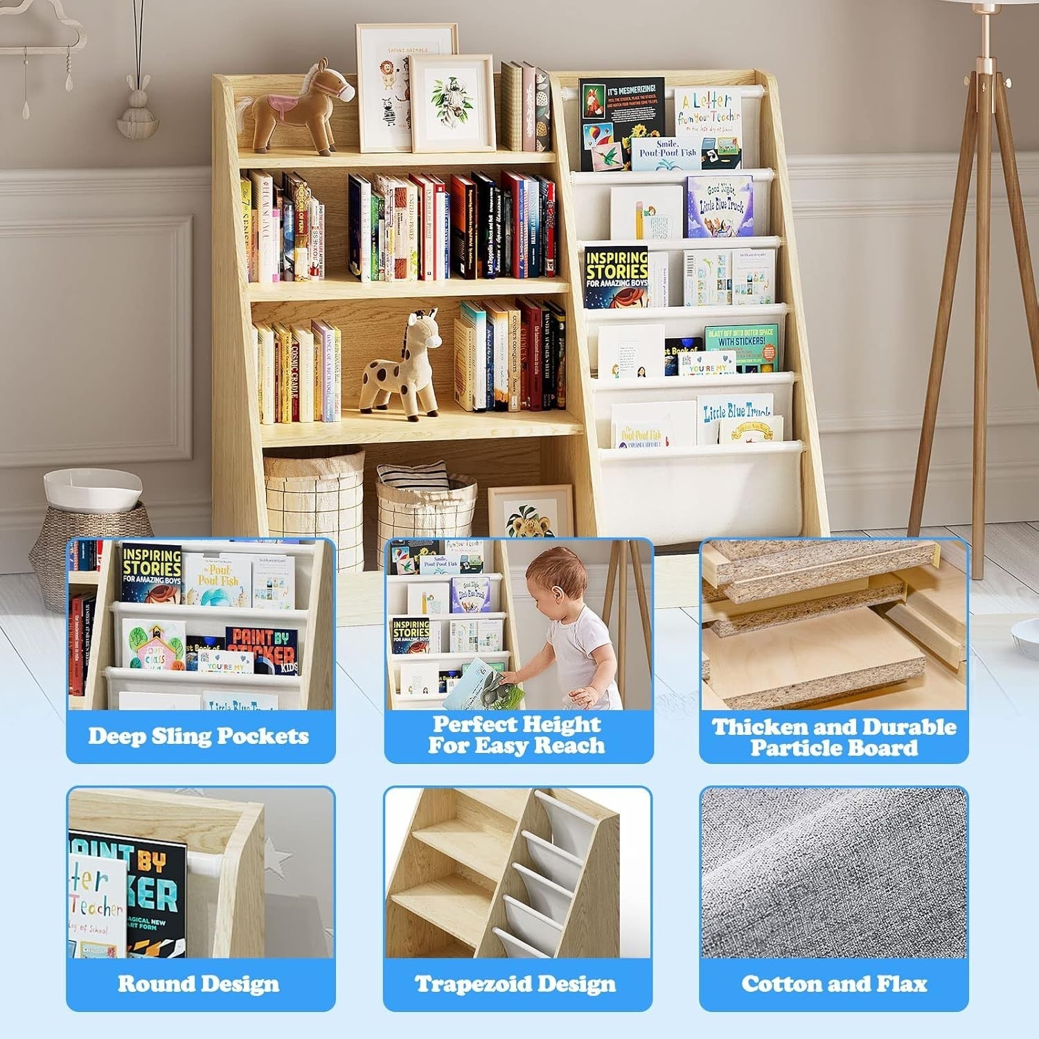 Kids Bookcase with 5 Sling Pockets & 4 Shelves – Wooden Toy & Book Organizer