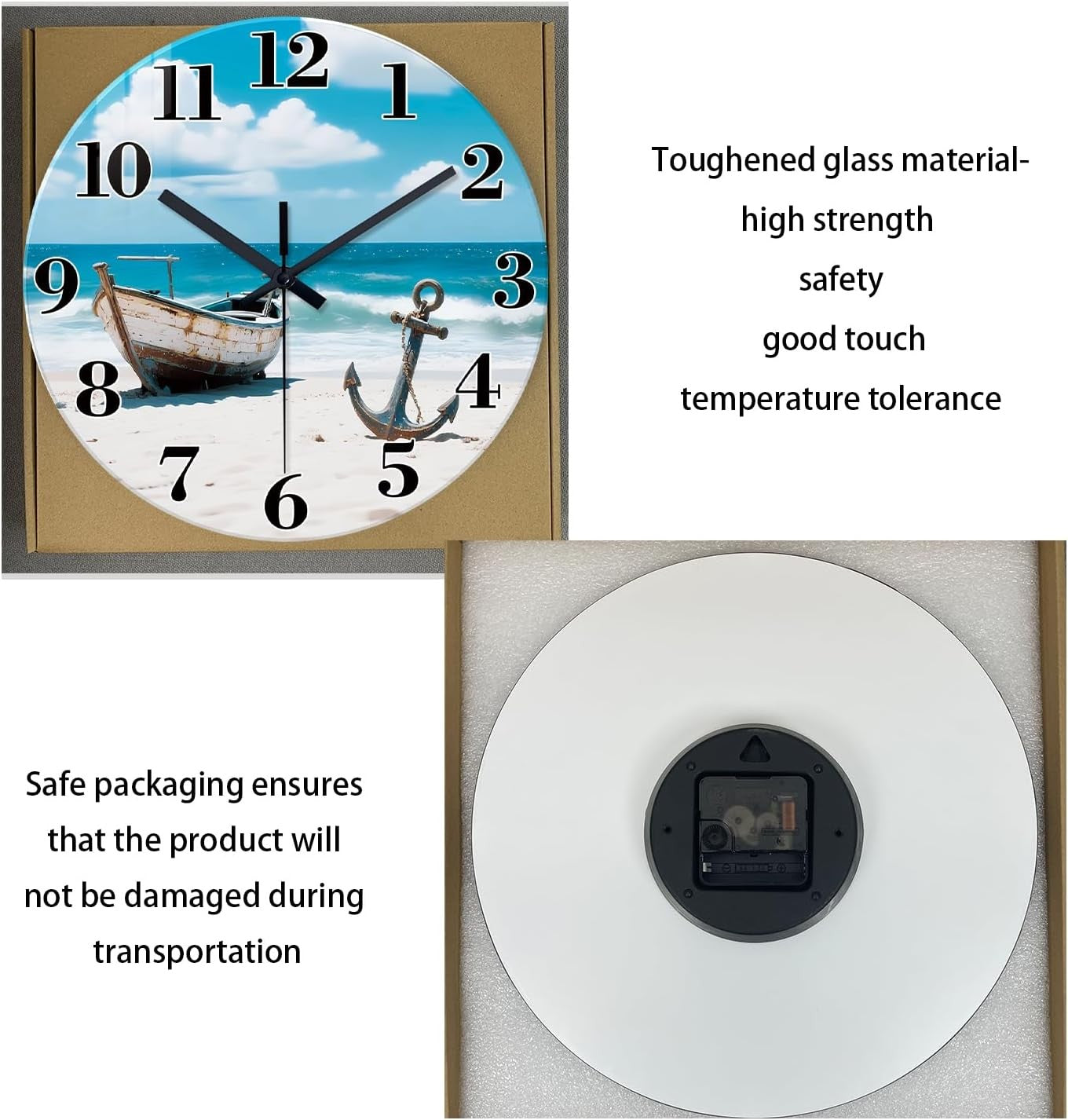 12" Coastal Beach Wall Clock Silent Non-Ticking Blue Ocean Boat Decor