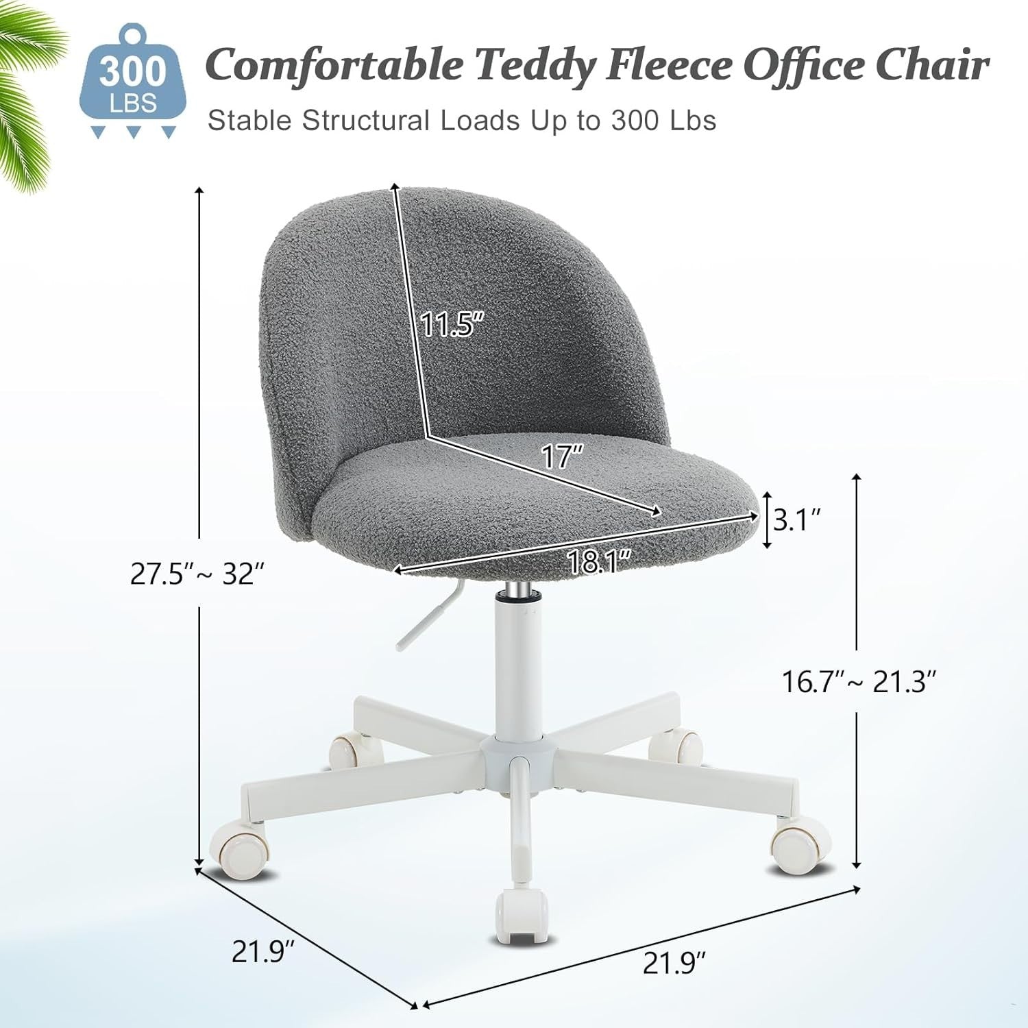 Grey Swivel Desk Chair Small Teddy Fleece Adjustable Height Modern Vanity Seat
