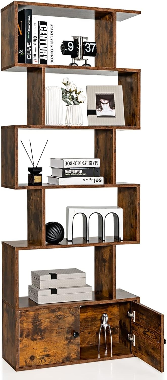 Brown S-Shaped 6 Tier Bookcase Tall Freestanding Shelving Unit with Cabinet