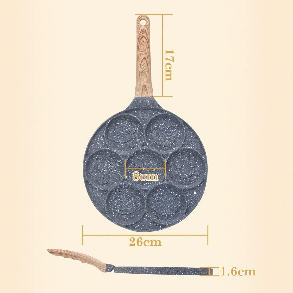 Smiley Face Pancake Pan 26cm Non Stick 7 Hole Mini Pancake Maker Induction Black