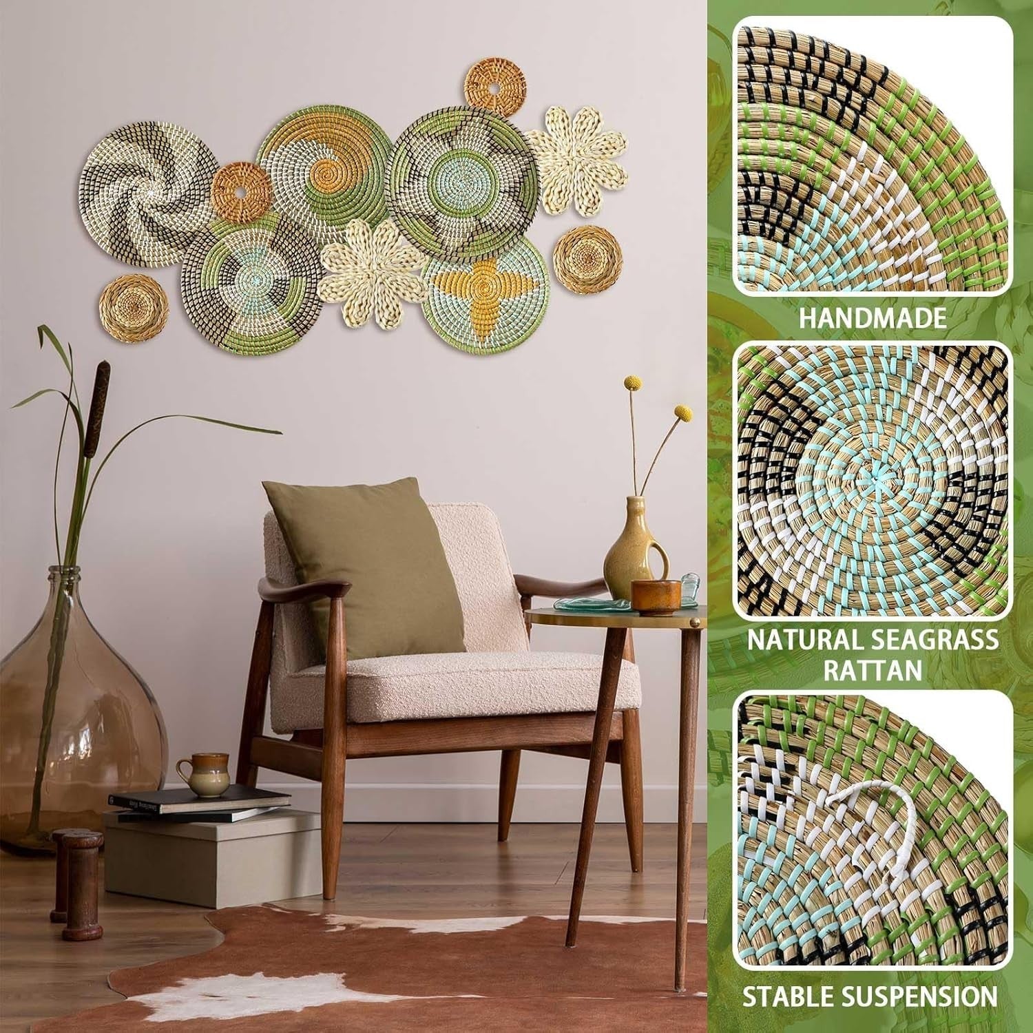 11PCS Boho Woven Wall Baskets Bulrush Farmhouse Decor Clr Stylish