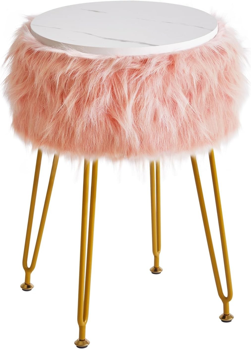 Pink Furry Round Vanity Stool with Storage – Soft Faux Fur Ottoman Seat
