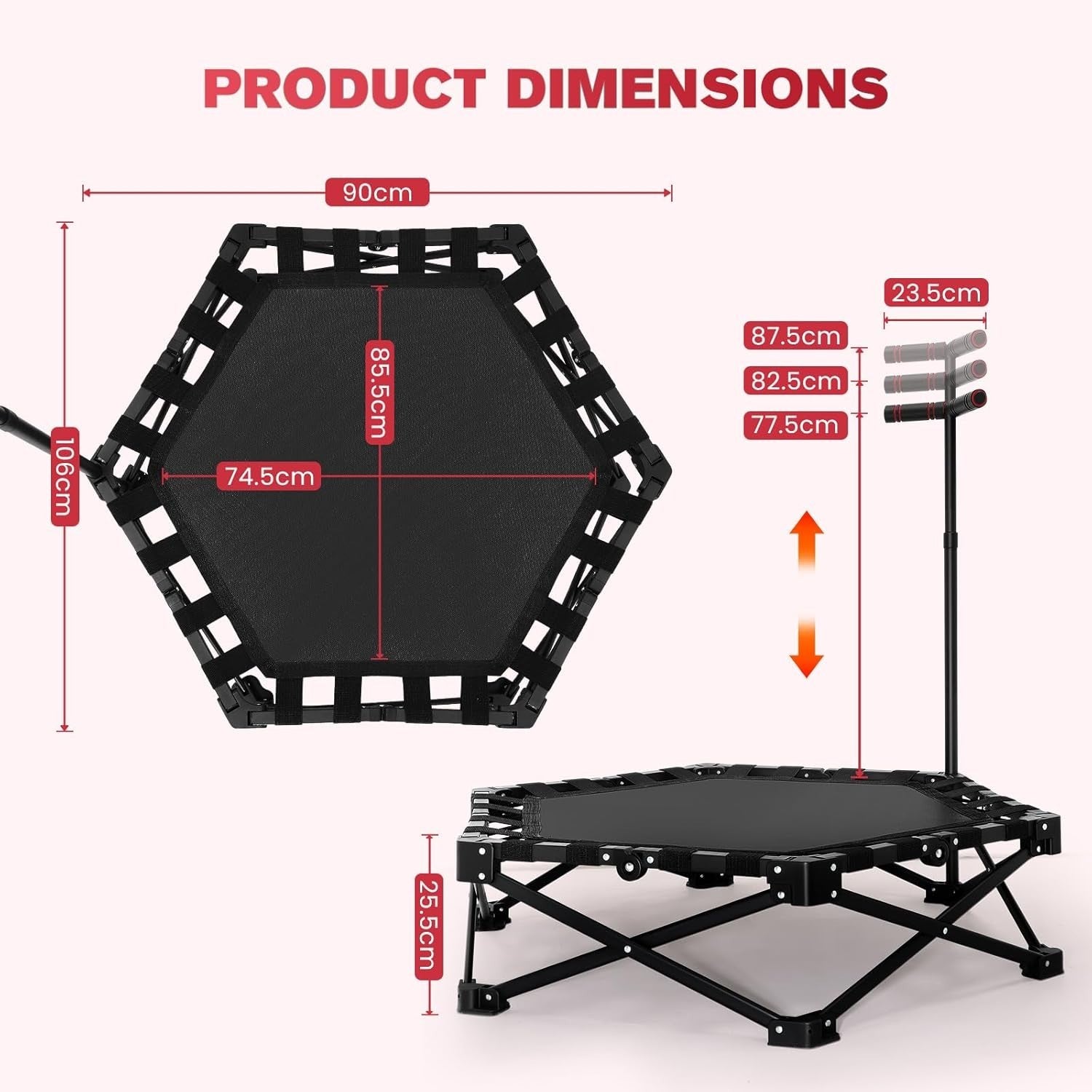 Foldable Mini Trampoline Adjustable Handle Quiet Kids Adults 150KG