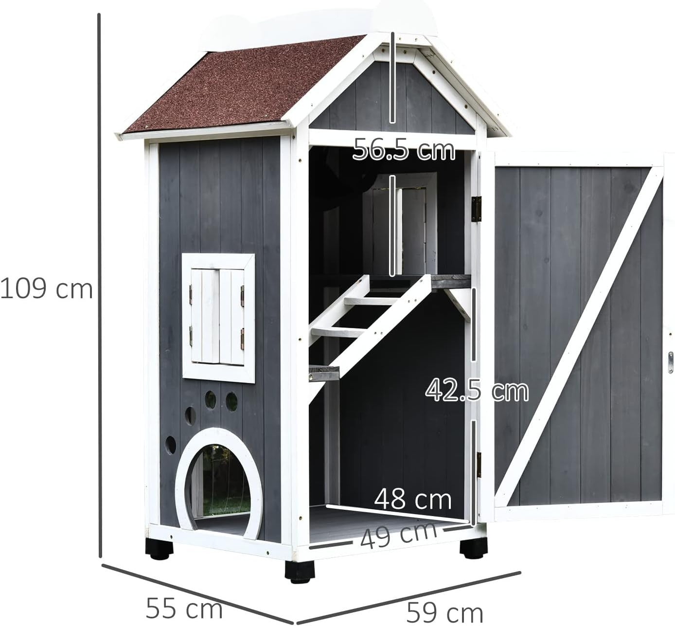 Outdoor Wooden Cat House 2-Floor Condo with Stairs & Weatherproof Roof
