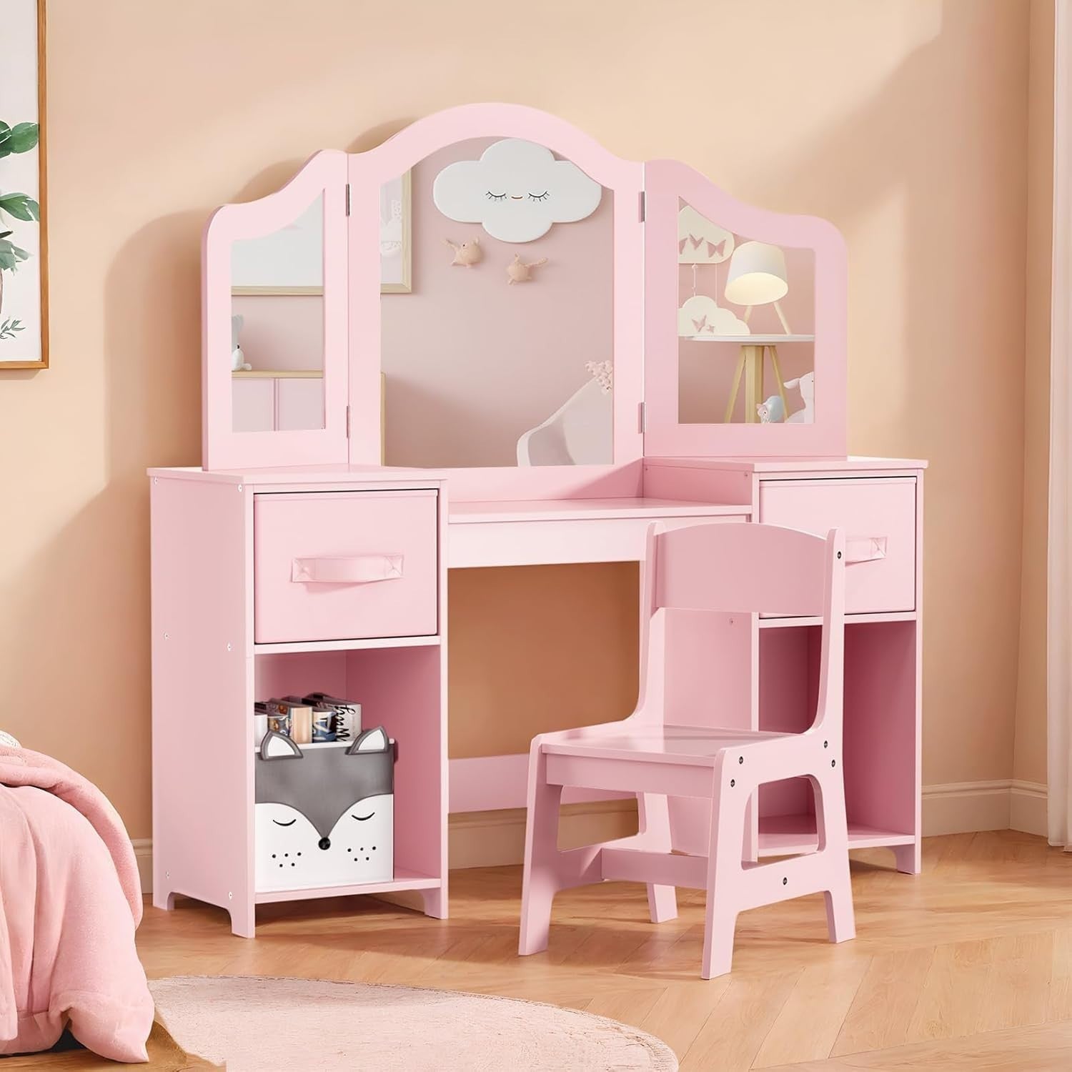 Kids Vanity Table & Chair Set w/ Mirror & Storage – Pink Makeup Desk for Girls