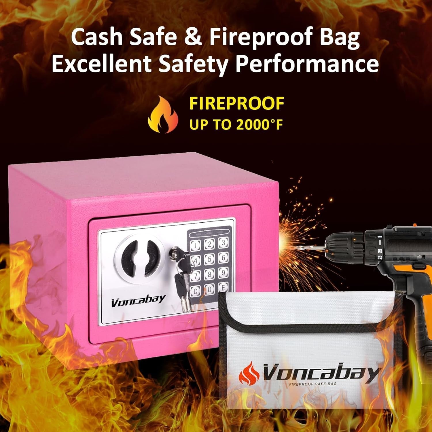 Pink Digital Safe Box Fireproof Bag Security Lock Cash Jewelry Home