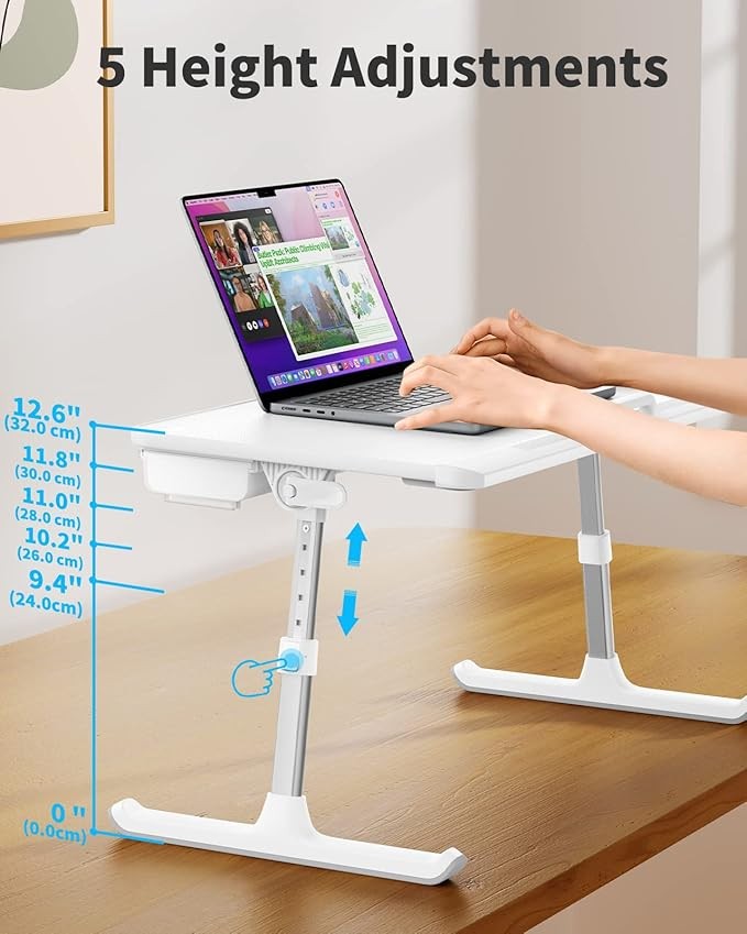 Laptop Bed Table Adjustable Height Angle Folding Desk with Drawer White