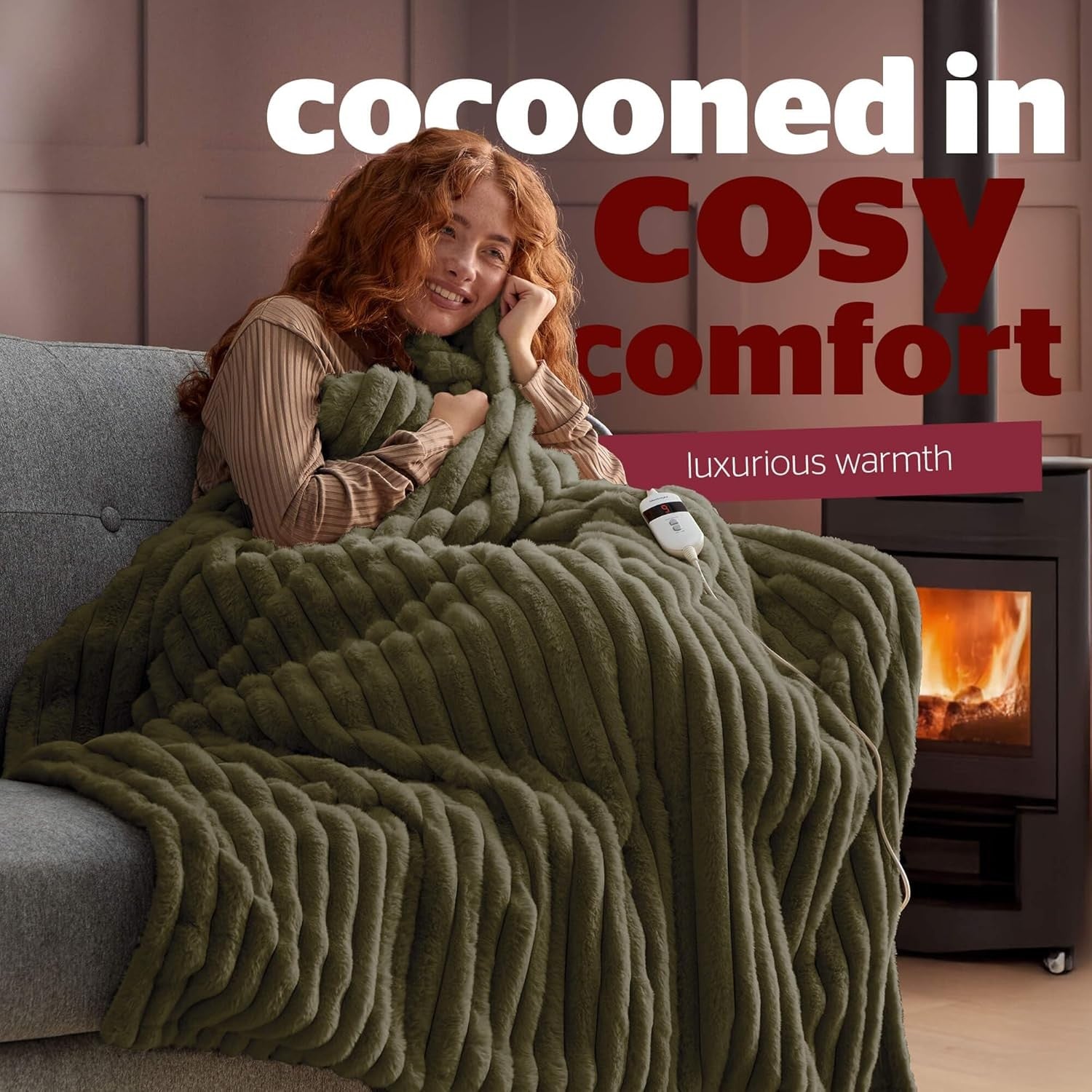Luxury Heated Throw Blanket Faux Fur Ribbed 9 Heat Settings Washable 120x160cm