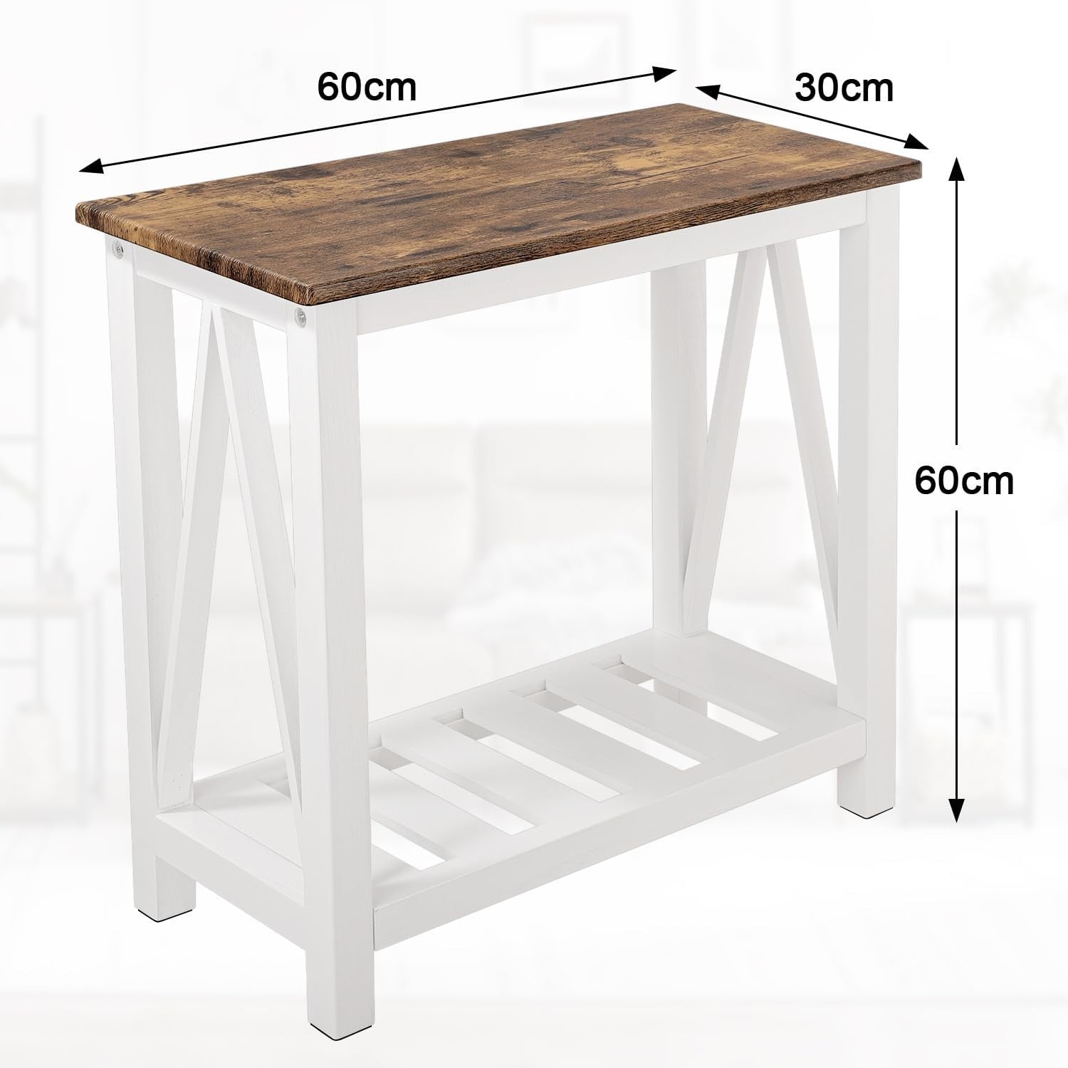 Narrow Brown & White Side Table with Storage Shelf, Rustic Nightstand
