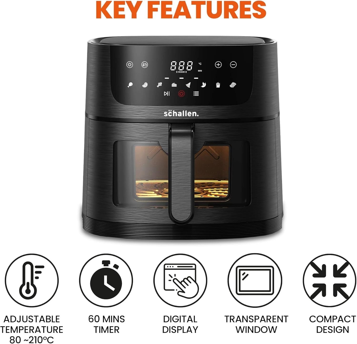 Air Fryer Touchscreen Window No Oil Low Fat 1500W 80-210C 60min Timer