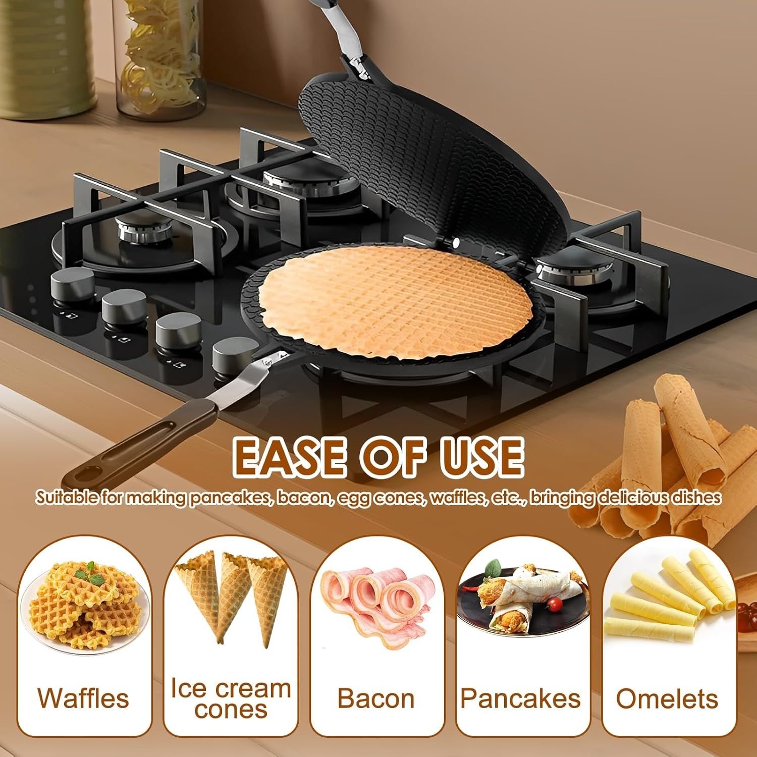 Non-Stick Waffle Cone & Egg Roll Pan | 22cm Aluminum Crepe Maker for Gas Stove