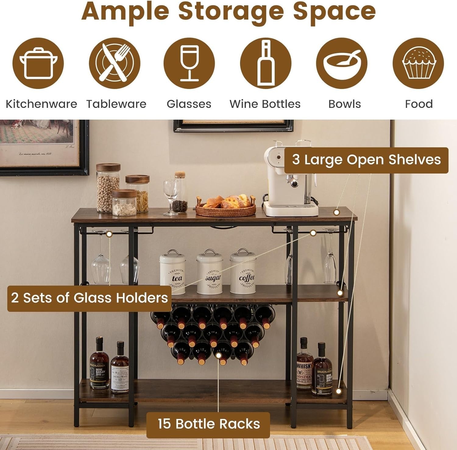 3 Tier Industrial Wine Cabinet with Countertop Glass Holders USB Charging Bar