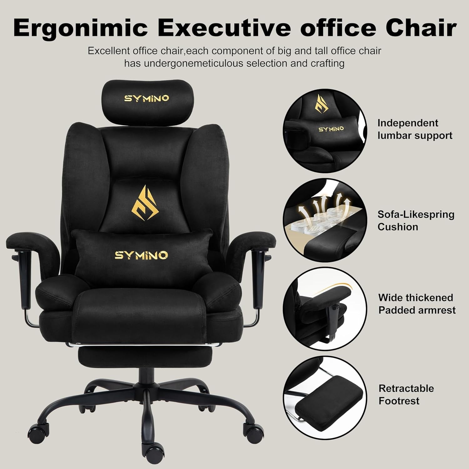 Ergonomic Gaming Chair w/ Footrest Pocket Spring Support Black
