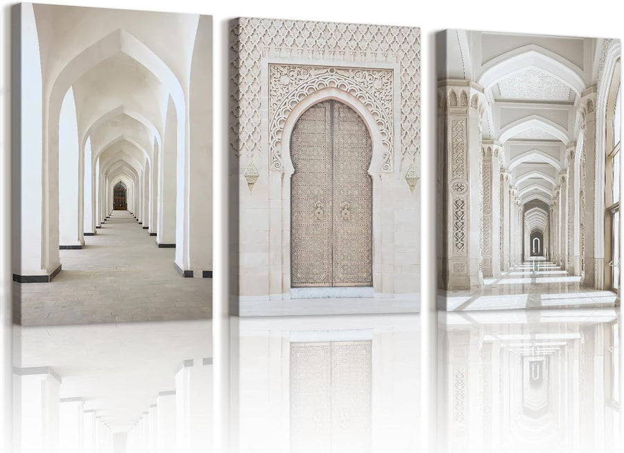Islamic Mosque Canvas Wall Art Set 3 Framed 30x40cm Beige