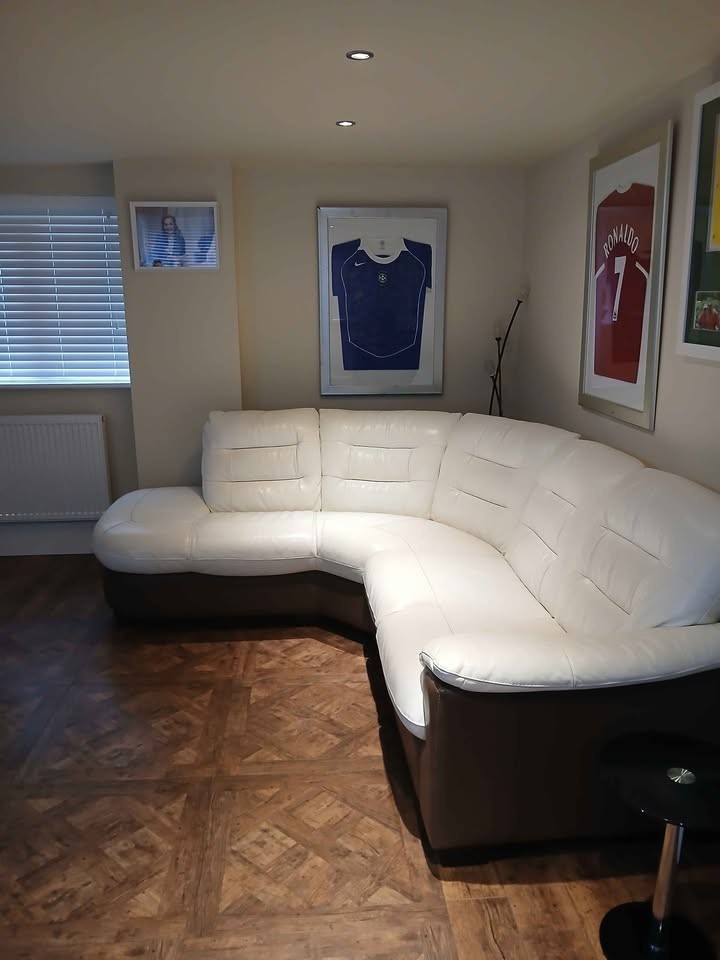 Cream/Brown Leather Corner Sofa (PTP)