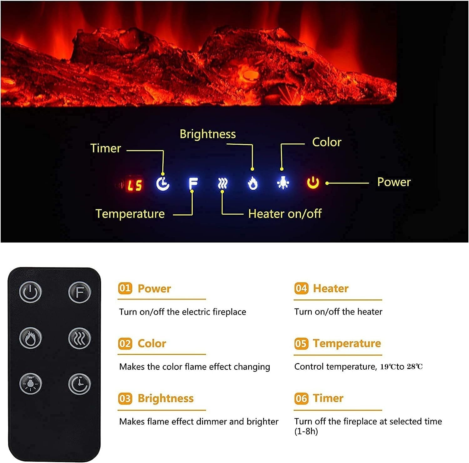 50" Wall Mounted Electric Fireplace Heater Crystal Flame Remote LED