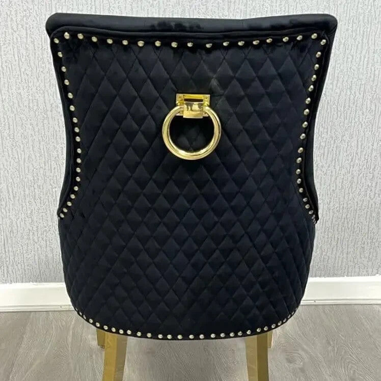 2 Black Velvet Dining Chairs Gold Legs Ring Back Tufted Studded Luxury