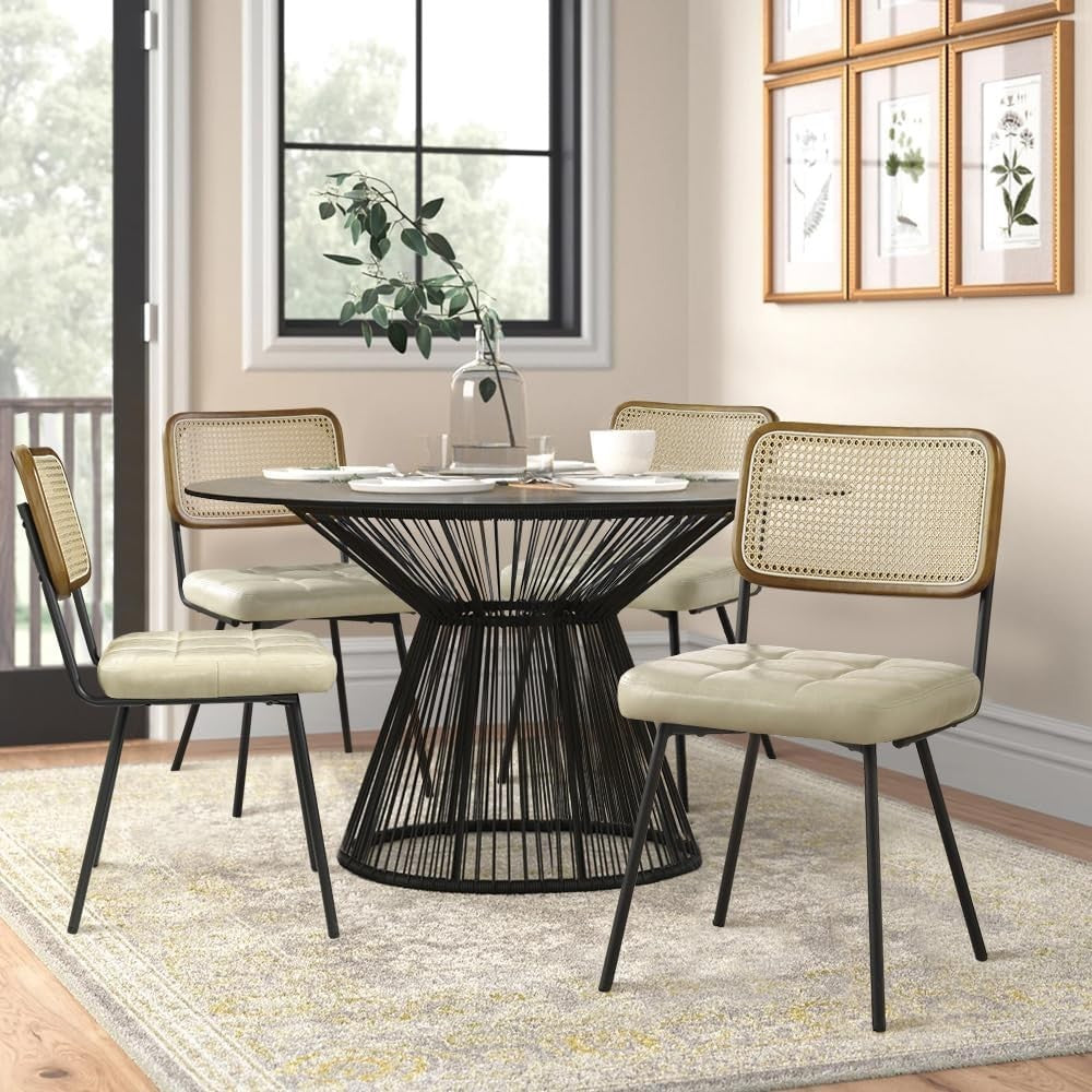 Set of 4 Rattan Dining Chairs Cushioned Cane Back Modern Kitchen Seating Beige