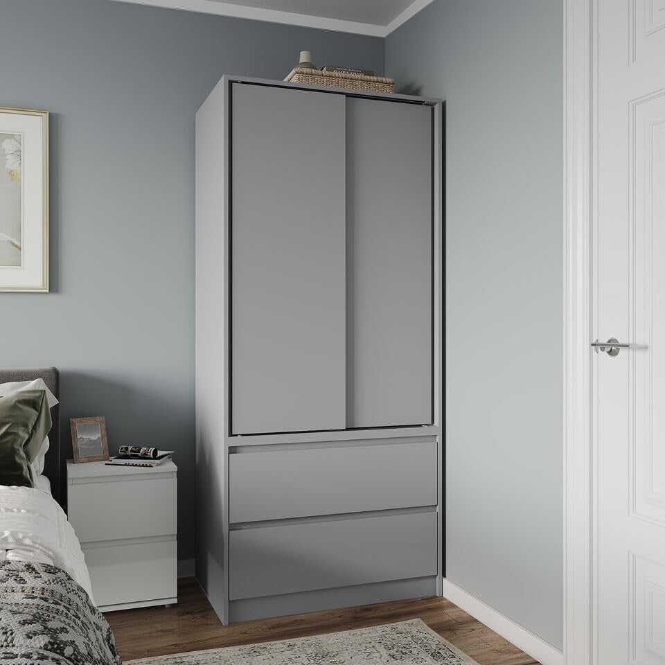 2-Door 2-Drawer Sliding Wardrobe with Adjustable Feet & Silent Doors, 180cm