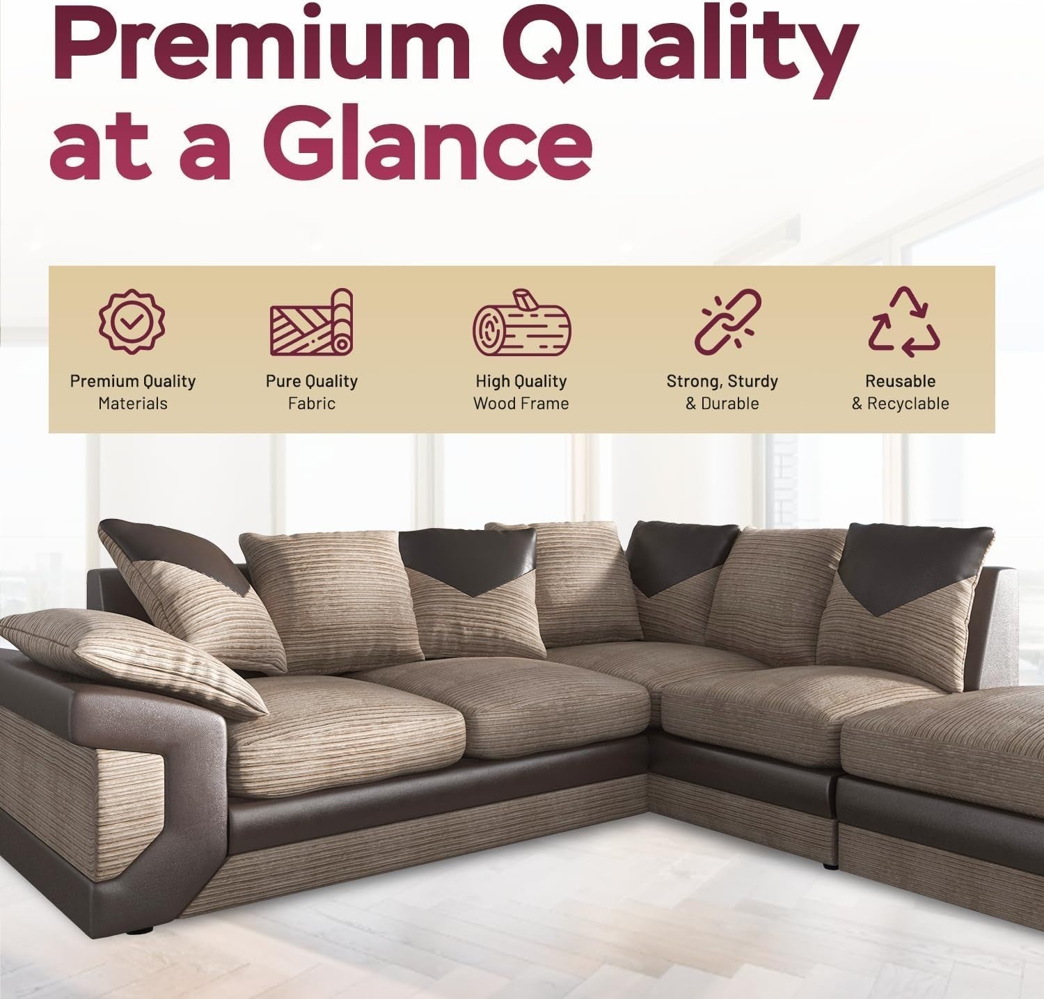 5-Seater Right Hand L-Shape Corner Sofa Fire Resistant Fabric & Leather