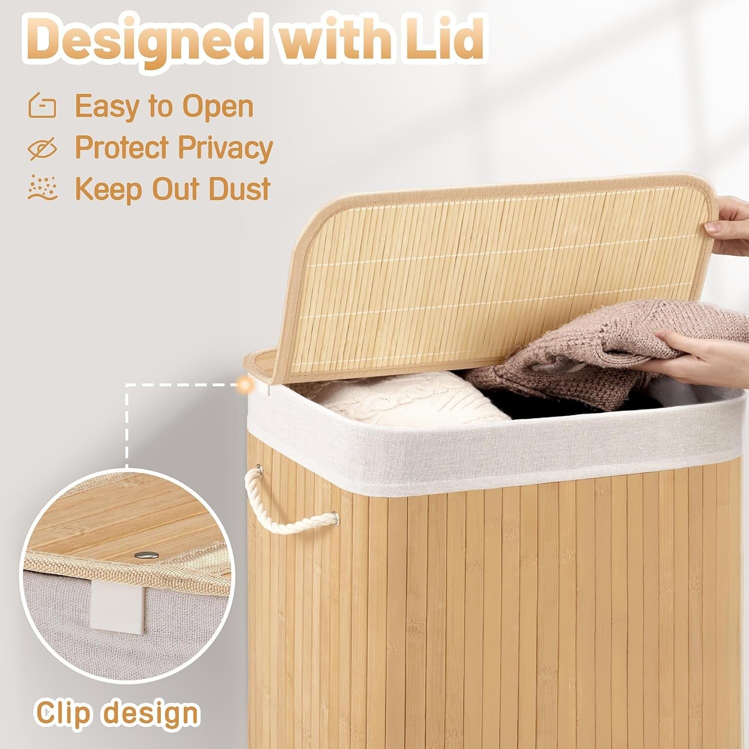 72L Slim Bamboo Laundry Hamper with Lid Foldable Clothes Basket Beige