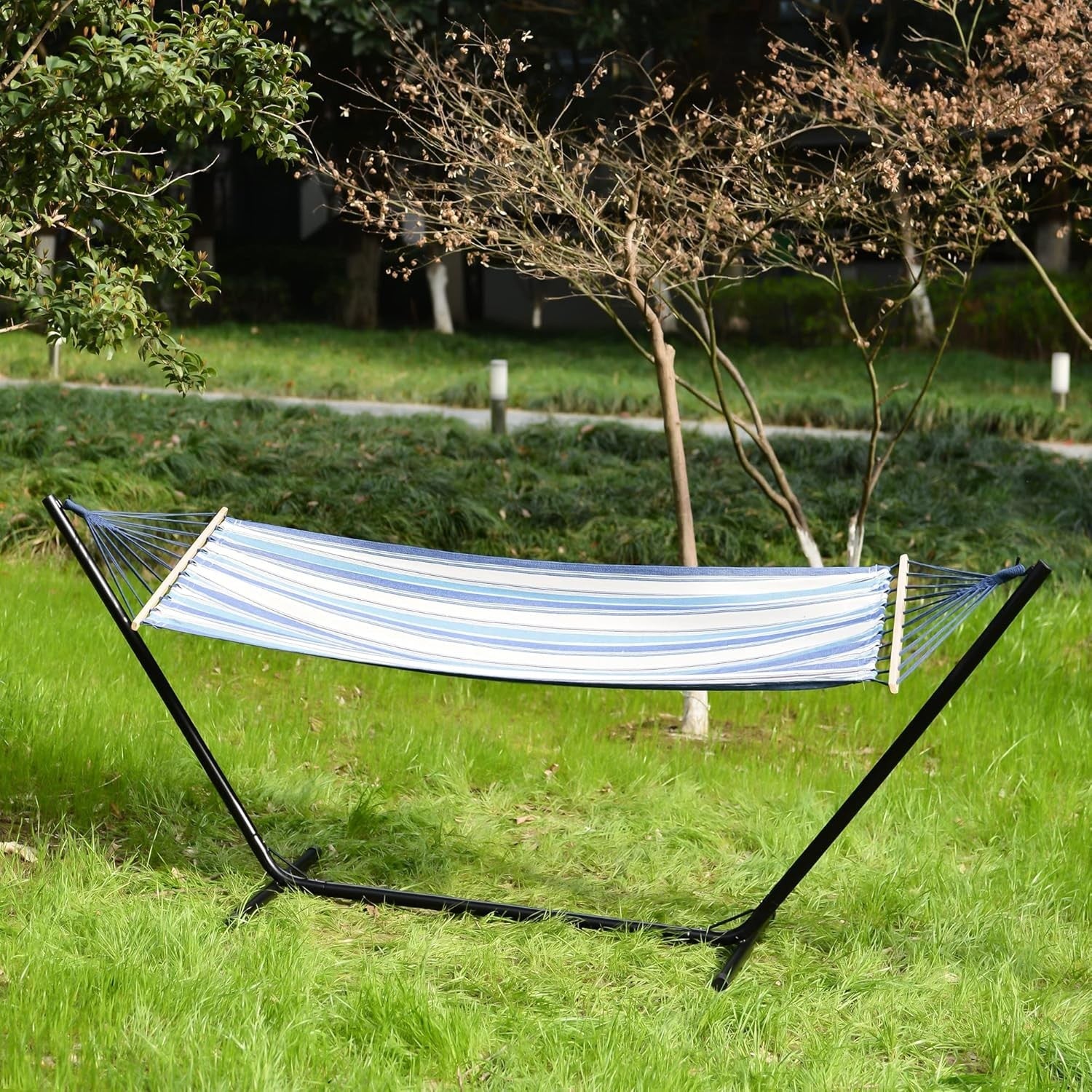 Blue & White Hammock with Stand | Portable Cotton Swing Bed | 150KG Capacity