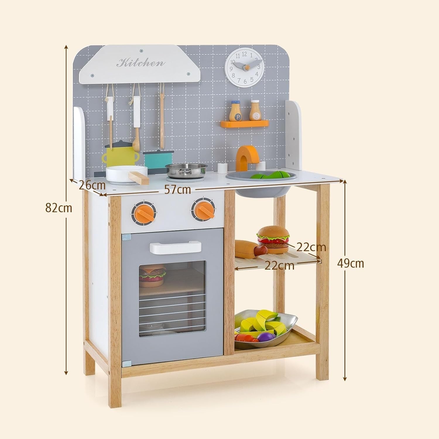 Wooden Kids Play Kitchen Pretend Cooking Set Sound Clock Accessories