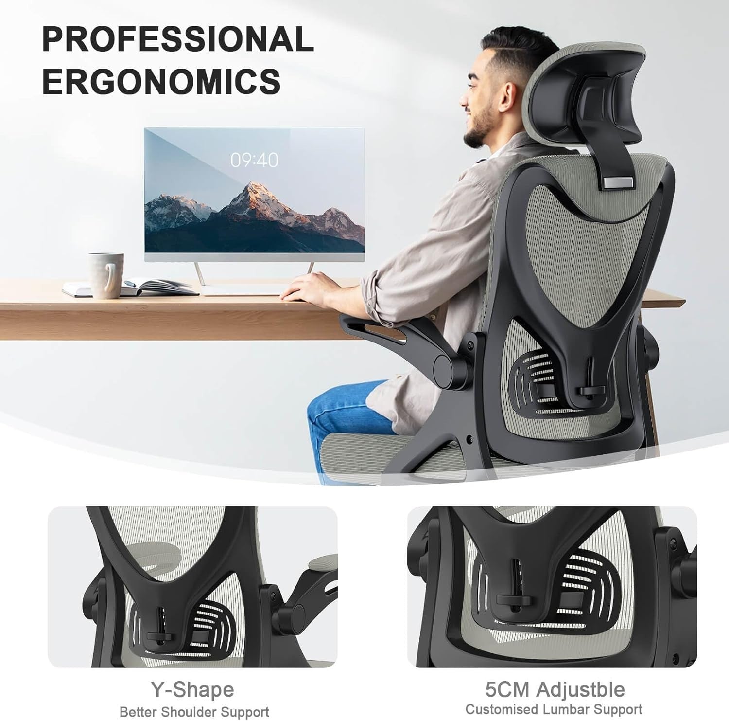 Ergonomic High Back Mesh Office Chair Adjustable Lumbar Headrest Flip-Up Arms