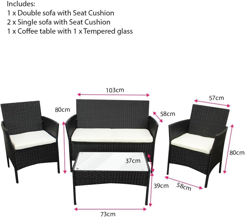Outdoor Rattan Garden Sofa Set 4-Seater with Cushions & Glass Coffee Table
