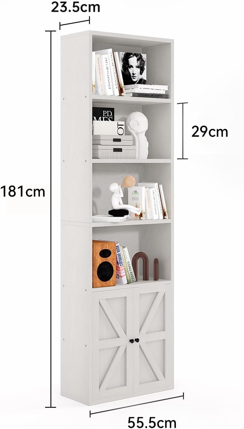 Tall White 6-Tier Bookcase with Cabinet Doors Modern Storage Display Unit 181cm