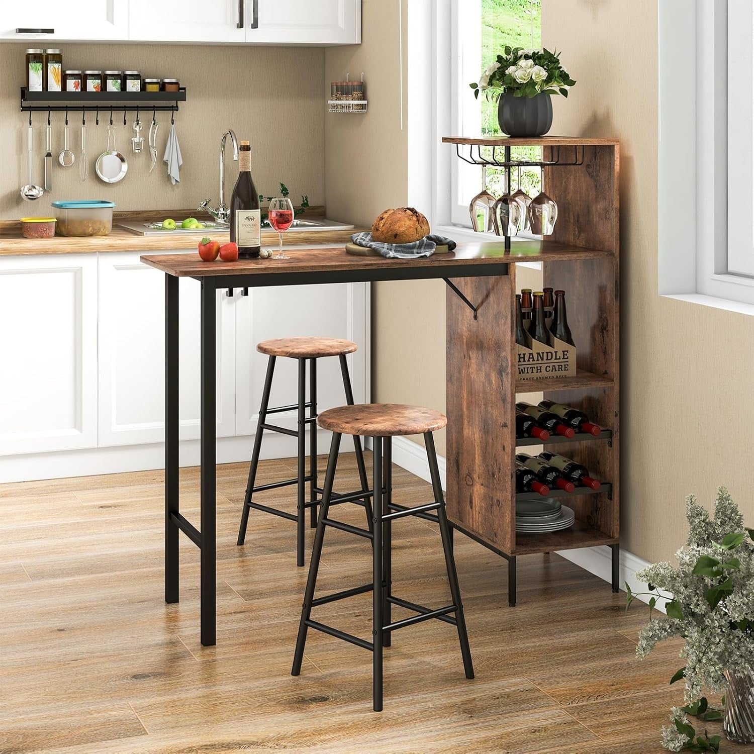 3-Piece Bar Table Set with Wine Rack, Glass Holders & Open Shelves, Rustic Brown