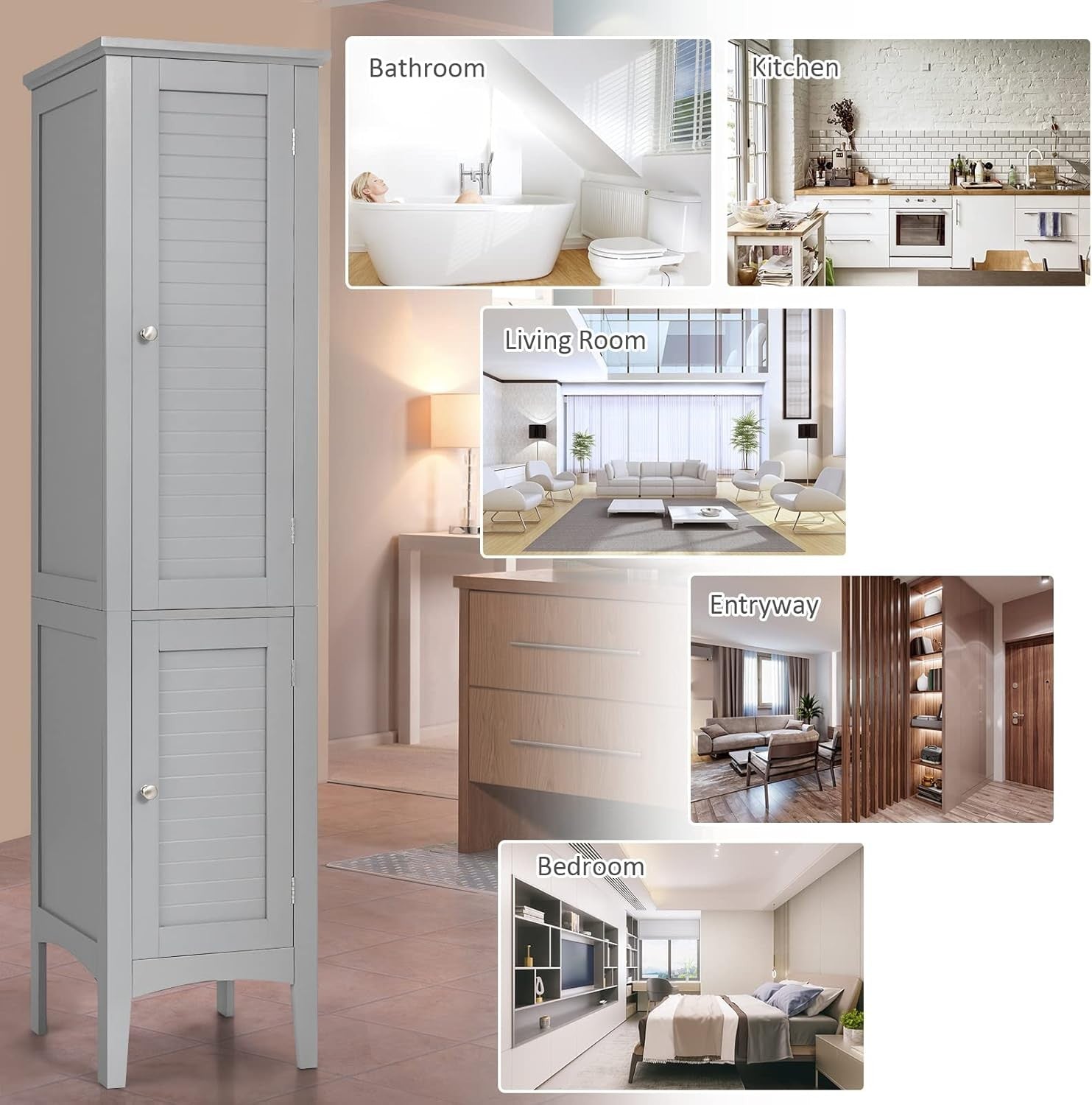 Grey Tall Bathroom Cabinet with 5 Shelves & 2 Doors Slim Storage Unit
