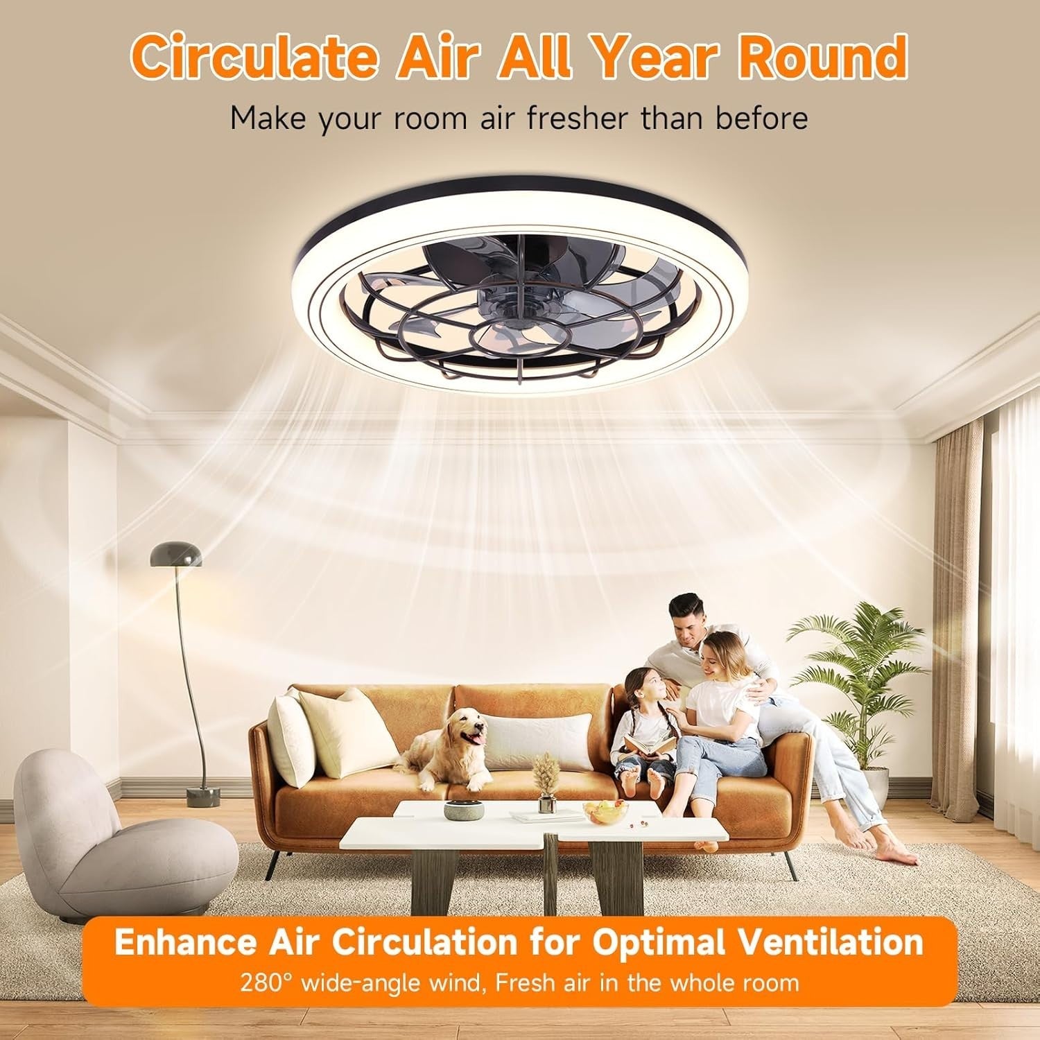 Ankishi 49CM Silent Ceiling Fan with Light, 75W, 6-Speed, Remote, LED