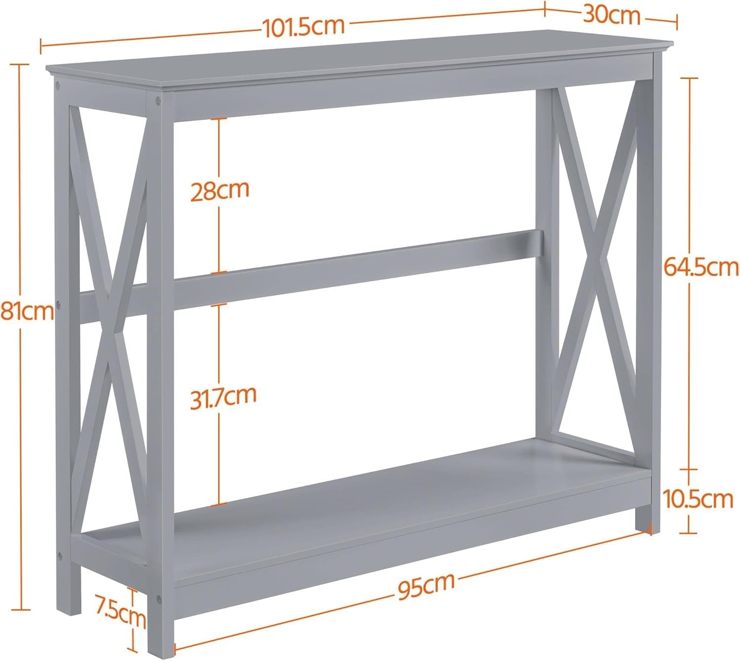 Slim 2-Tier Grey Console Table with X-Frame for Hallway & Living Room