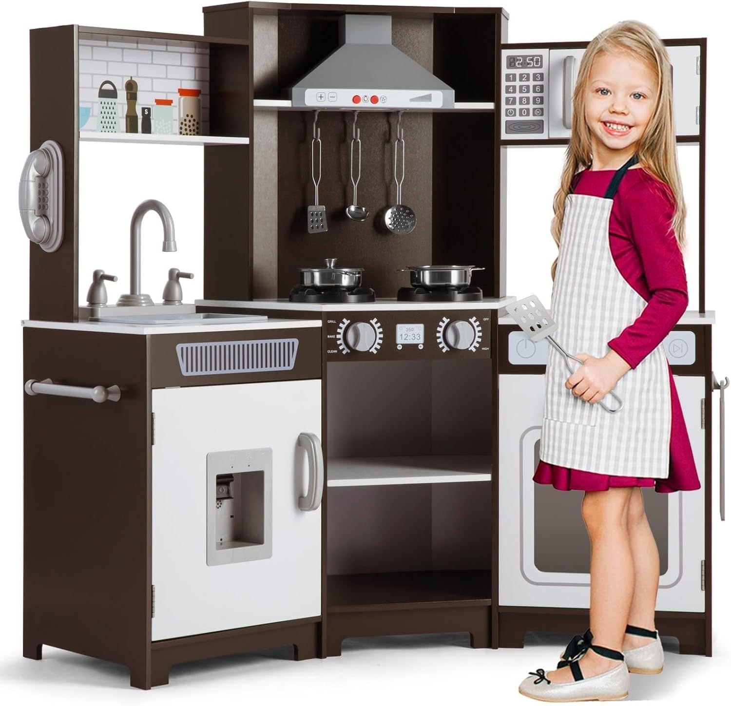 Corner Wooden Kids Play Kitchen Brown Lights Sounds Water Toy Set
