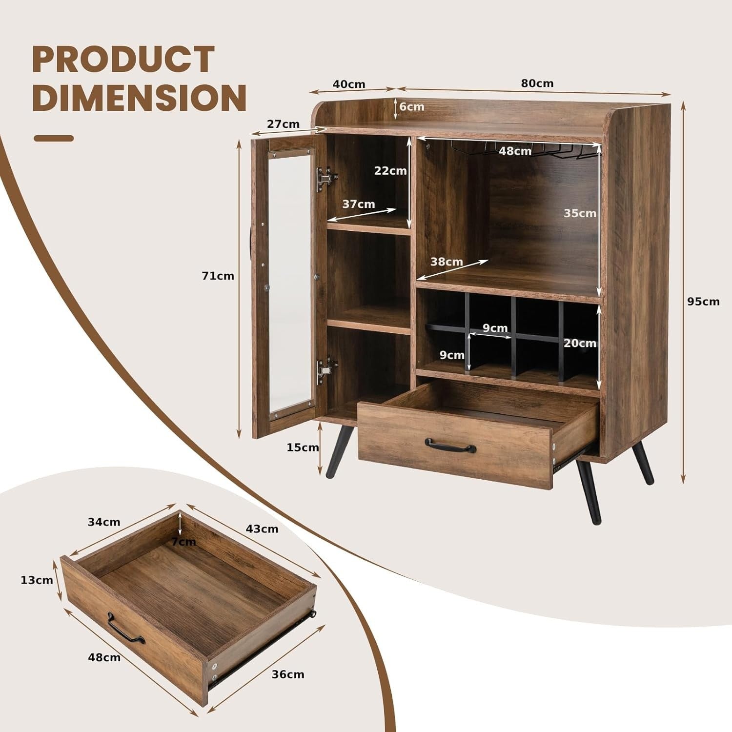 Rustic Sideboard Drinks Cabinet with Wine Rack Glass Holder Drawer Home Bar