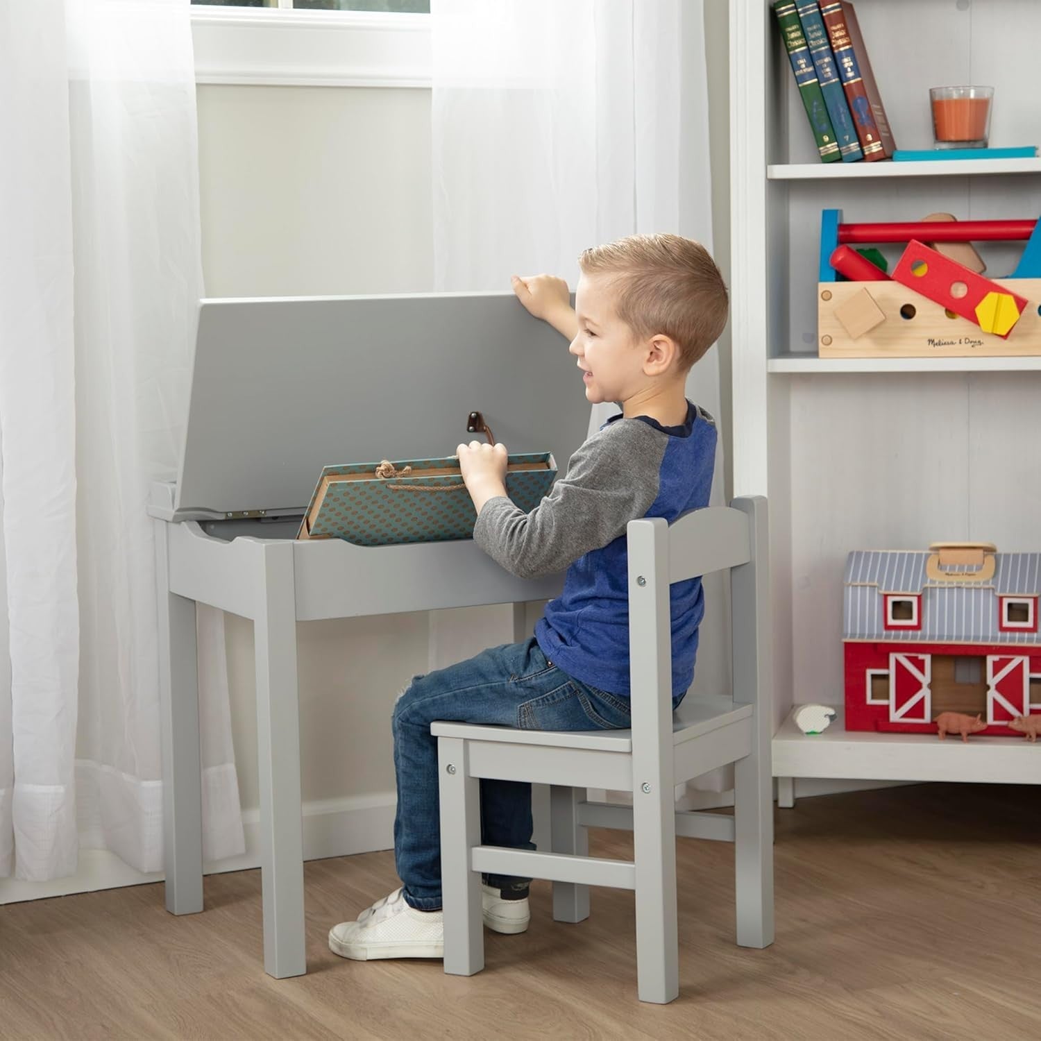 Kids Lift-Top Desk & Chair Set, Grey Wood, Compact 46x16.5x65cm