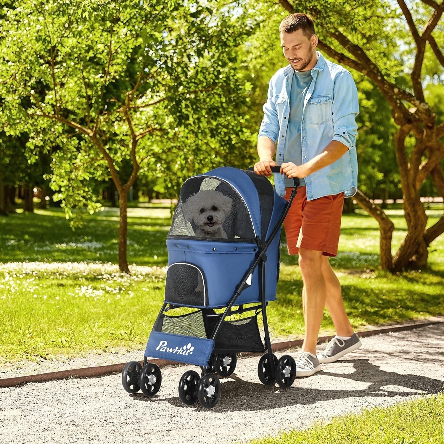Blue Dog Stroller Pet Pushchair Foldable with Brakes Basket Small Pets