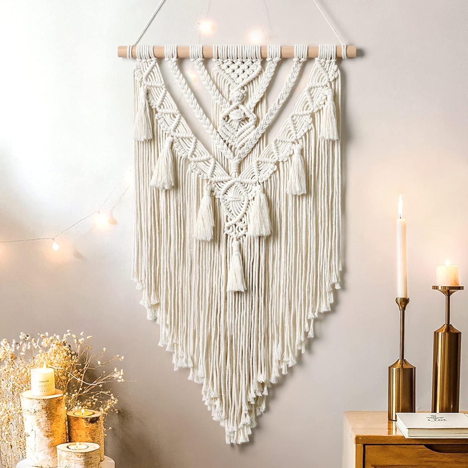 Boho Macrame Wall Hanging Beige Grey Geometric Woven Tapestry