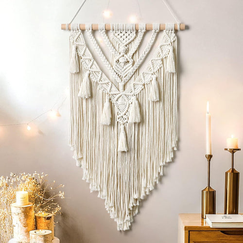 Boho Macrame Wall Hanging Beige Grey Geometric Woven Tapestry