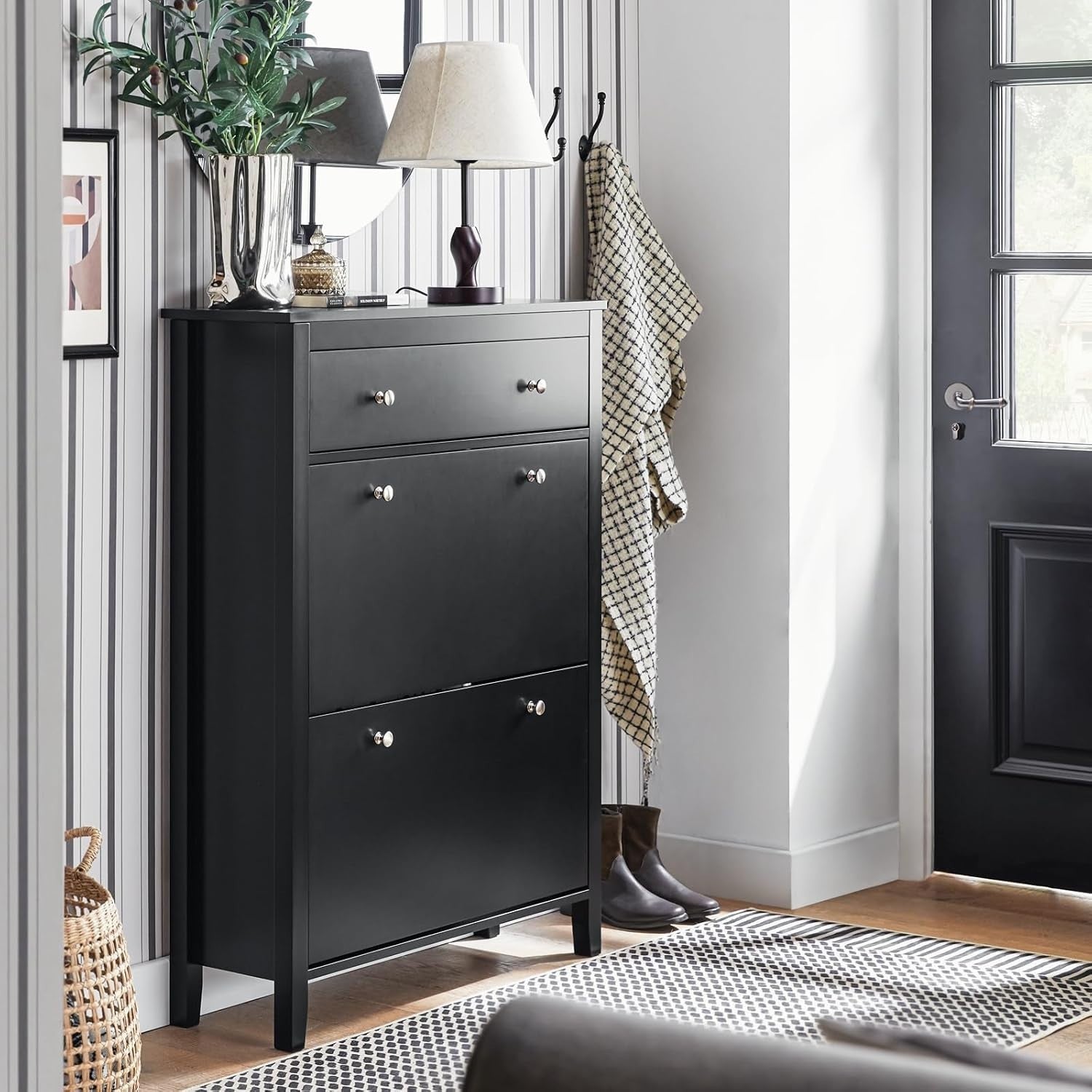 Slim Black Shoe Cabinet with Drawer & Drop Doors, Narrow Storage Unit 80x25x108c