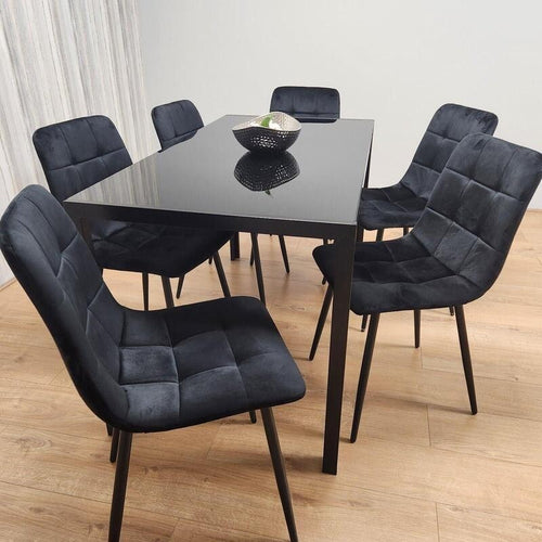 Glass Dining Table Set with 6 Velvet Chairs | Modern Black Kitchen Set